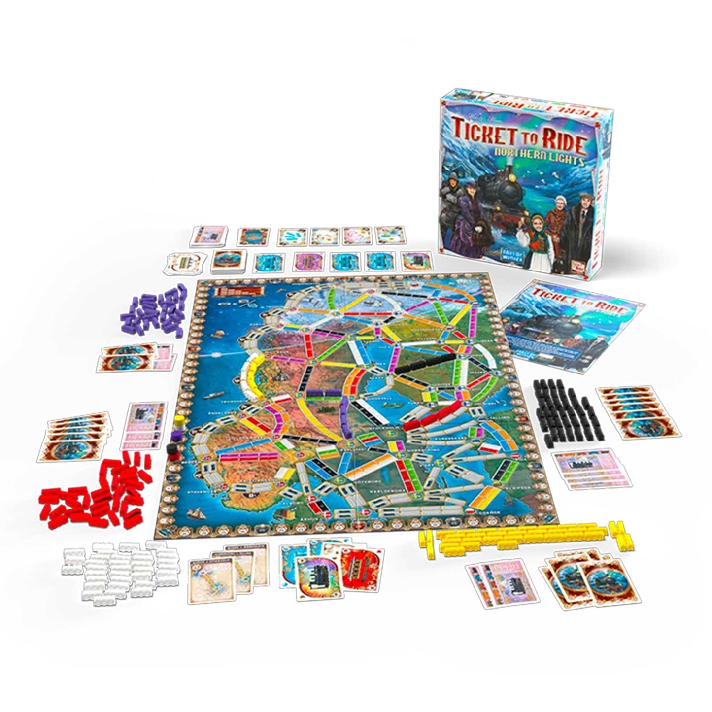 Ticket to Ride: Northern Lights board game laid out, featuring the map, train tokens, cards, and upright game box