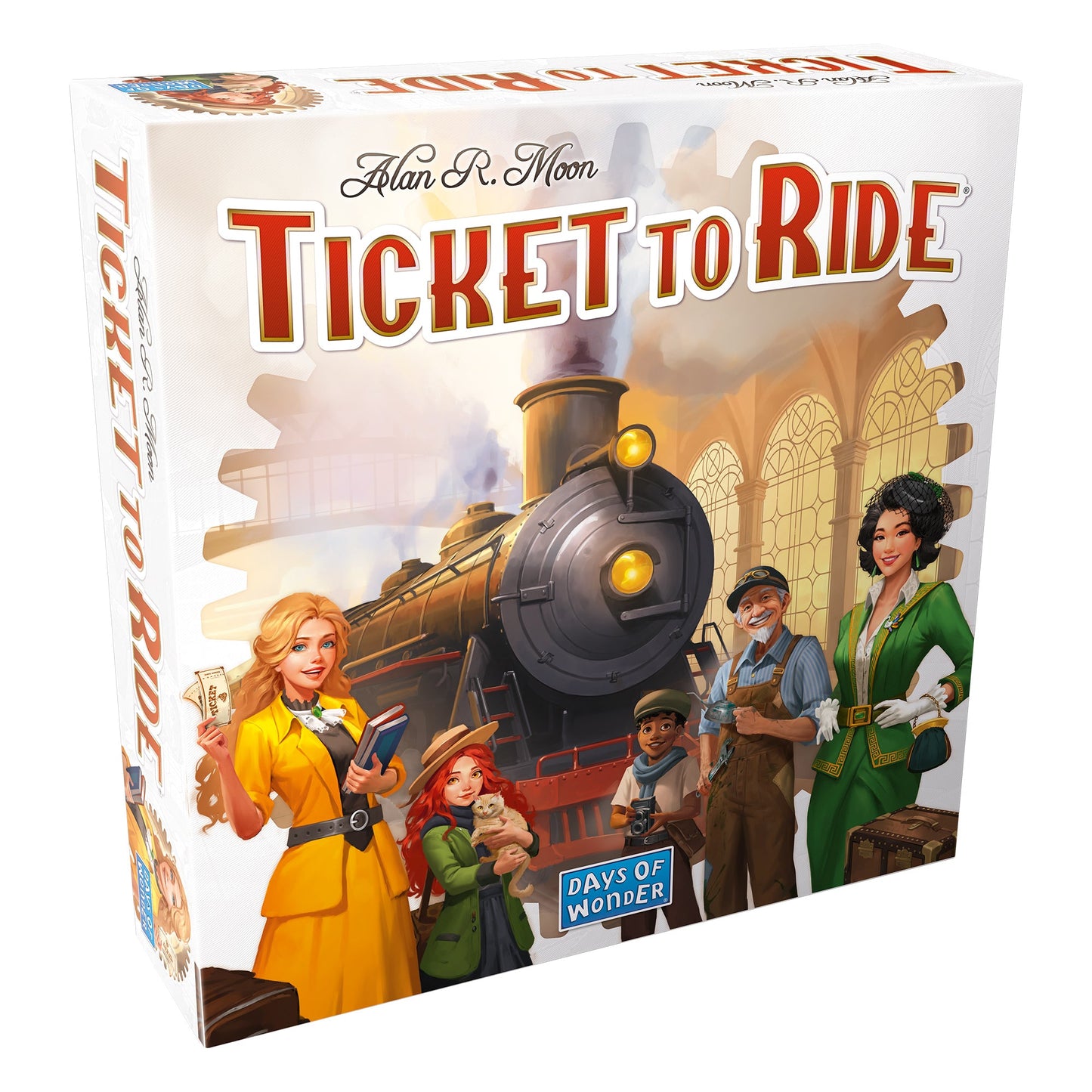 Ticket to Ride board game box with artwork of a steam train and passengers inside a grand station