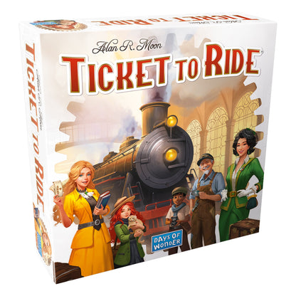 Ticket to Ride board game box with artwork of a steam train and passengers inside a grand station