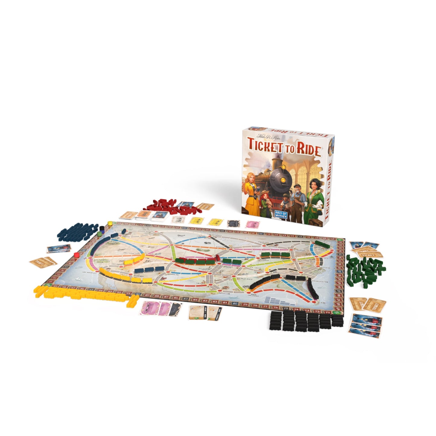 Ticket to Ride board game displayed with map, box, cards, and colorful train playing pieces