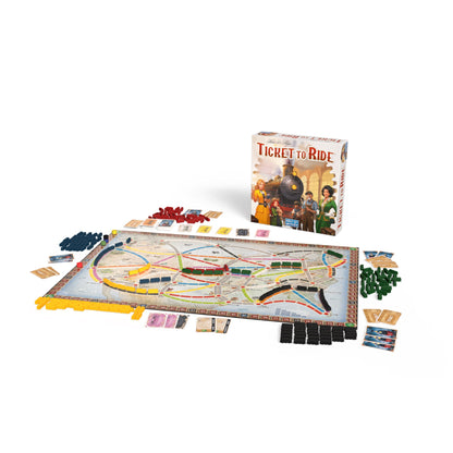 Ticket to Ride board game displayed with map, box, cards, and colorful train playing pieces