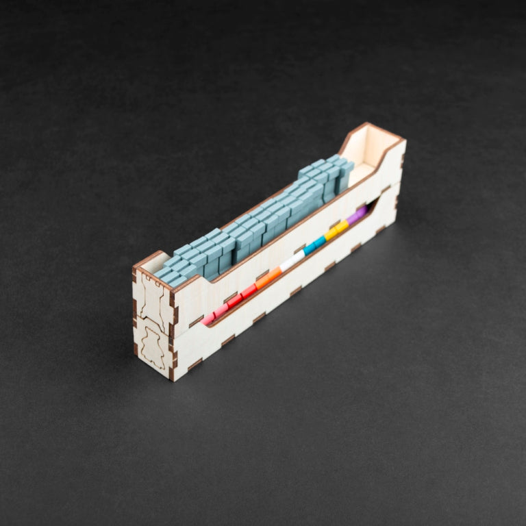 Detailed view of Laserox wooden insert for Kingdomino game storage