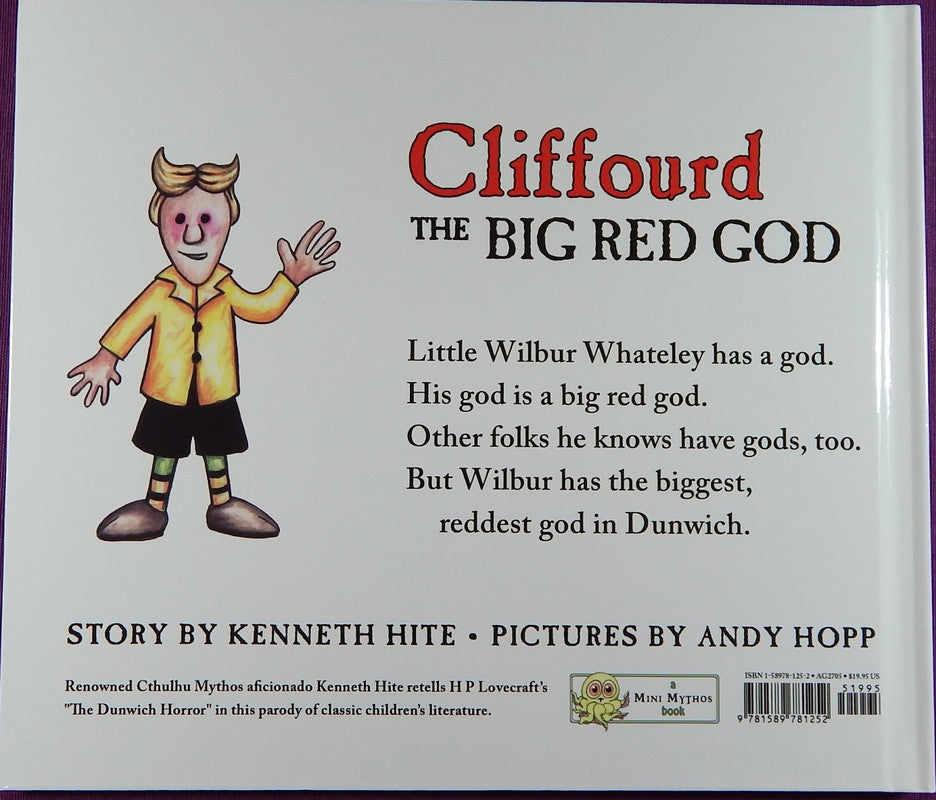 Back cover for 'Clifford The Big Red God,' a Cthulhu Mythos parody, featuring a cartoon boy waving