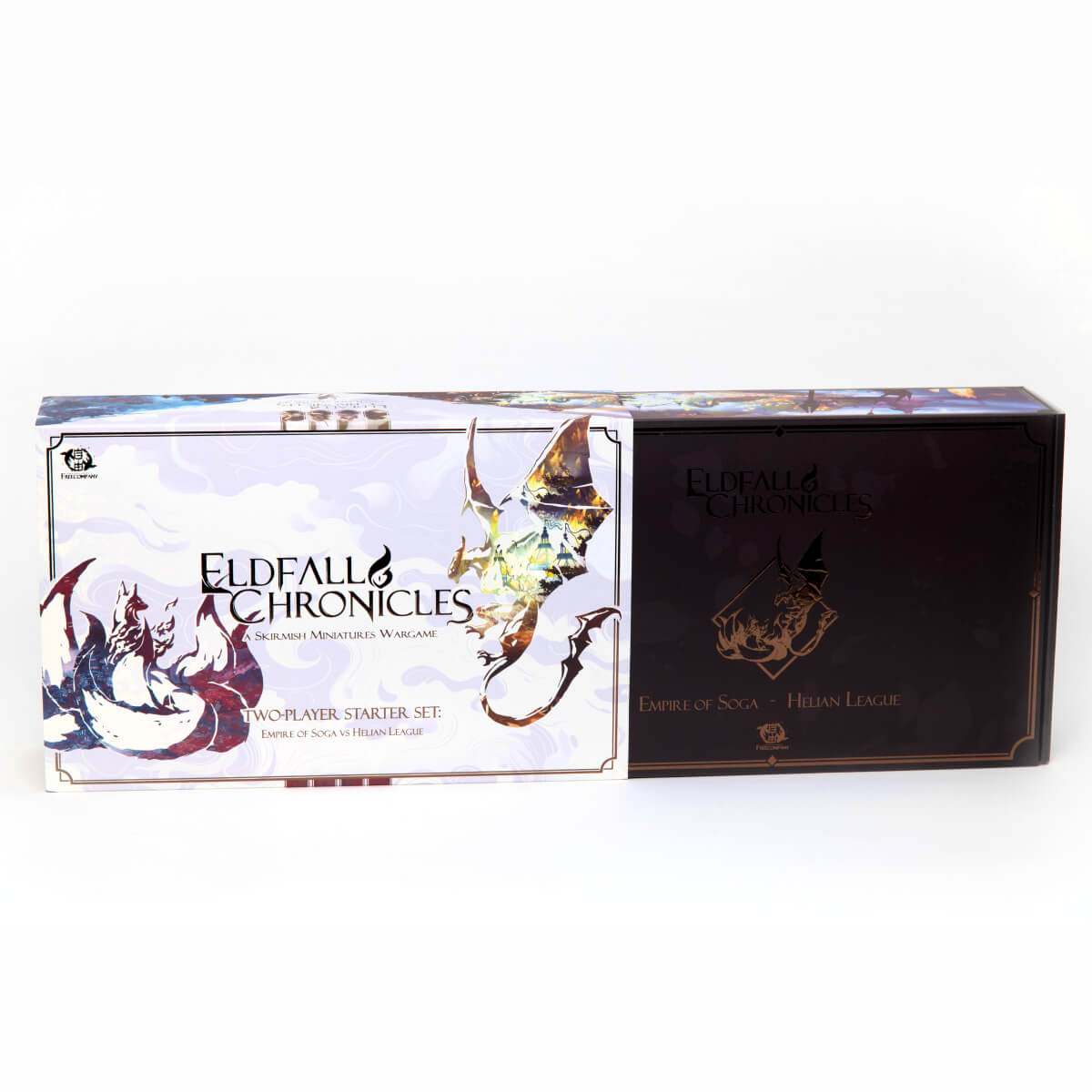 Eldfall Chronicles skirmish wargame starter set box, partially open to show a dark brown inner box with gold emblem