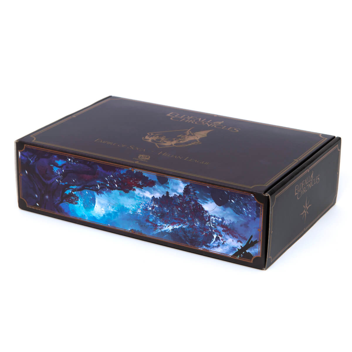 Dark Eldefall Chronicles game box with gold title & logo, showcasing a vibrant blue-purple fantasy landscape art