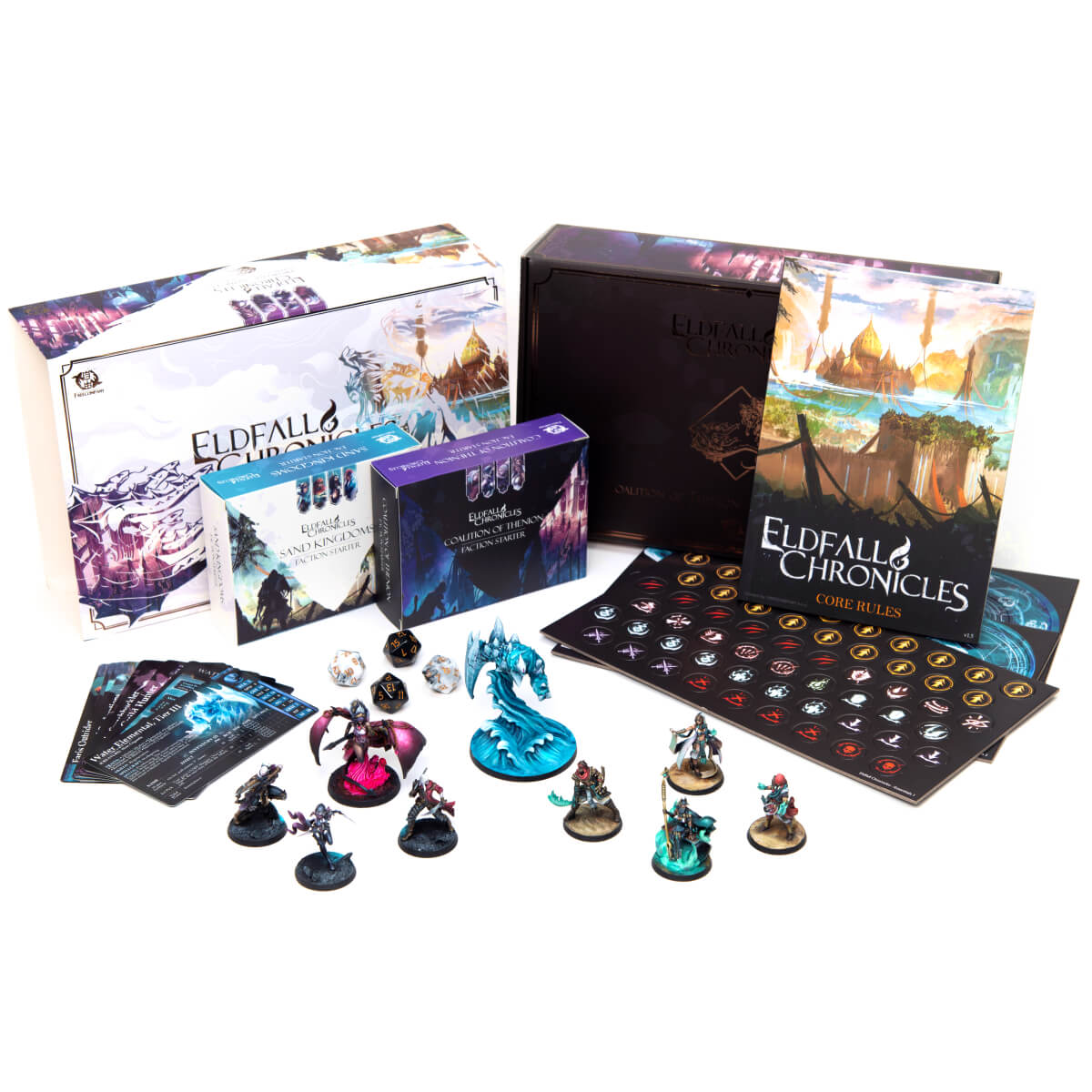 Eldfall Chronicles tabletop game components: boxes, rulebook, cards, dice, tokens, and fantasy miniatures