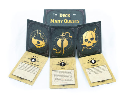 Fantasy quest cards from "The Deck of Many Quests" with golden icons: Sword, Ruin, and Dragon