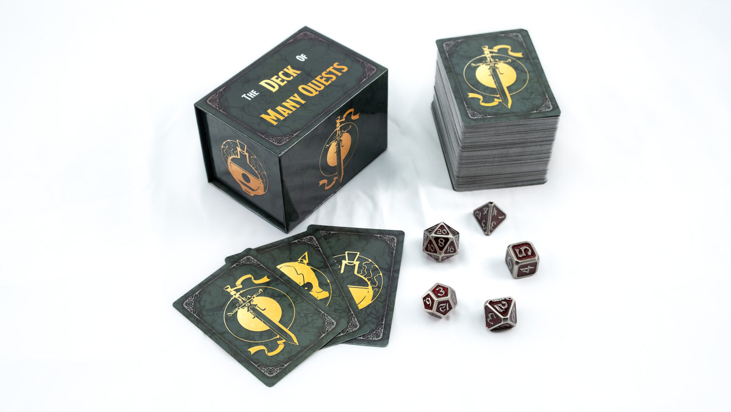Tabletop game components: "Deck of Many Quests" box, stacked cards, and metal polyhedral dice