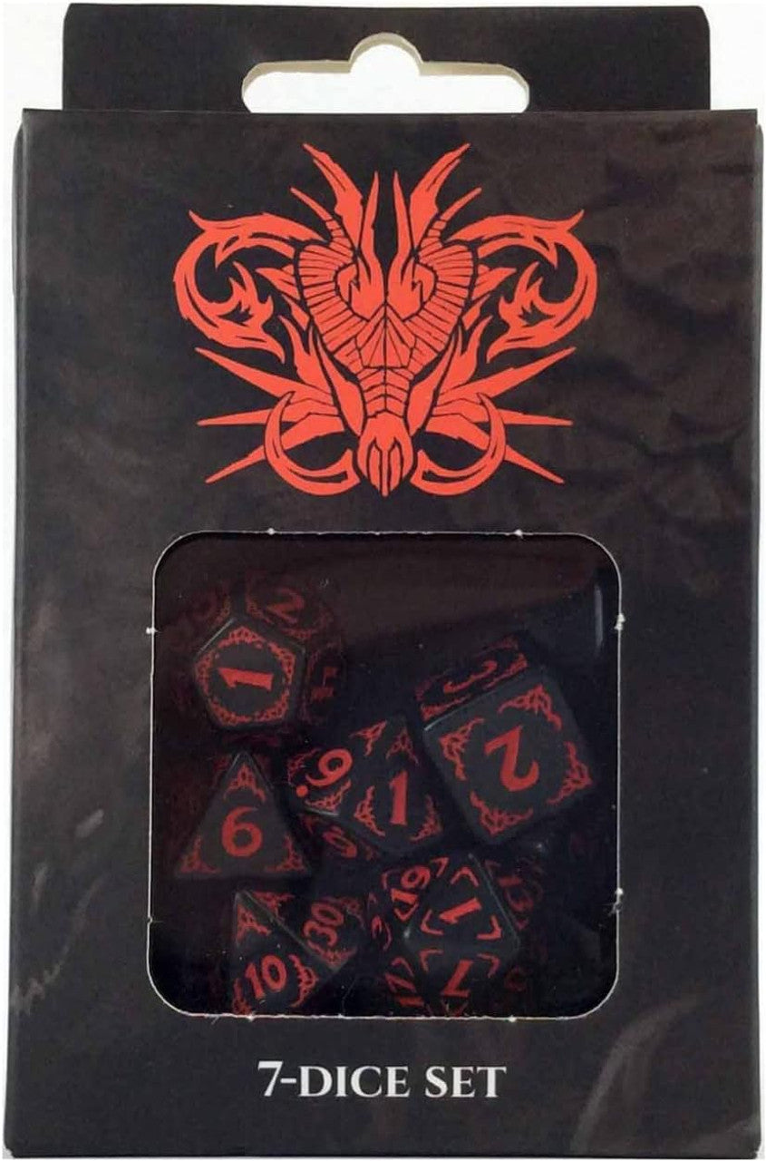 Packaging of the Dragons of the Red Moon Dice Set showing the box with fantasy-themed artwork and red dragon imagery