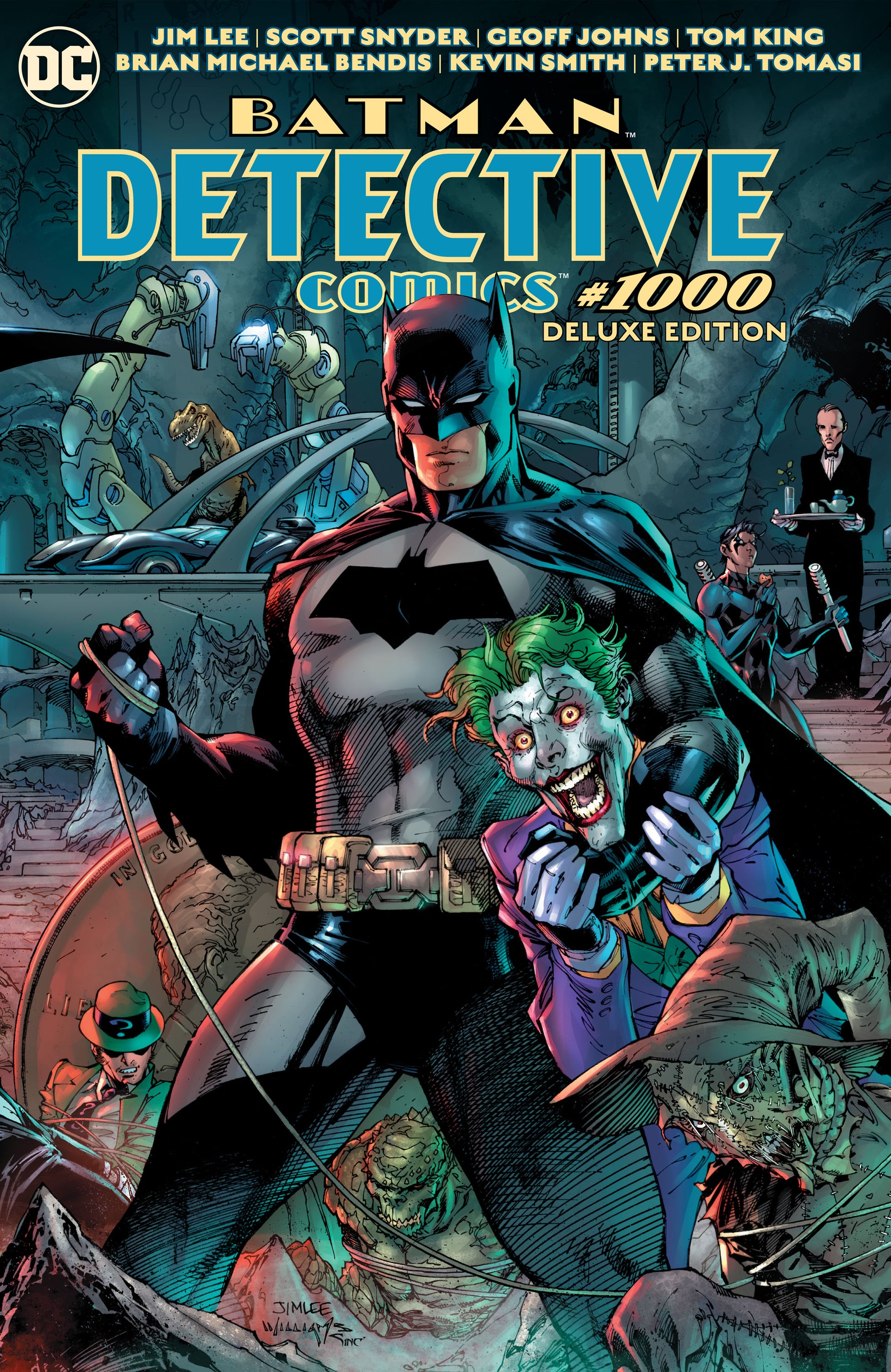 Batman, center, holds a cackling Joker in the Batcave, surrounded by defeated villains and iconic trophies. Detective Comics #1000