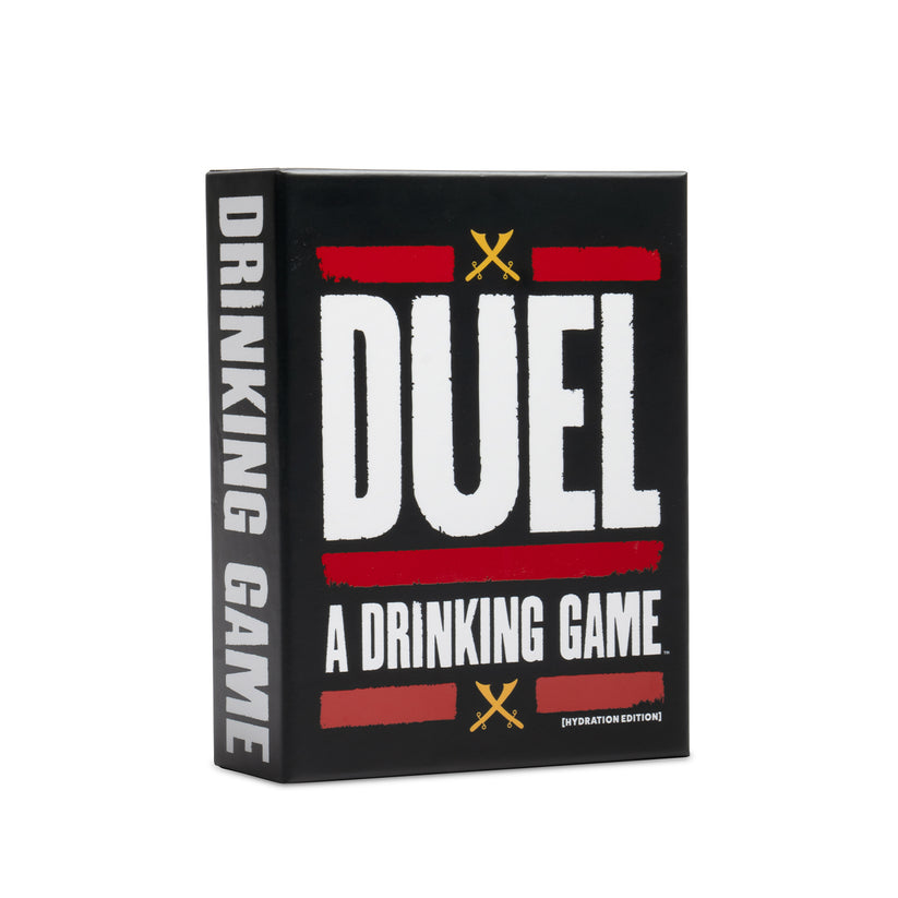A black box for the &quot;Duel: A Drinking Game,&quot; featuring white and red text and yellow crossed swords