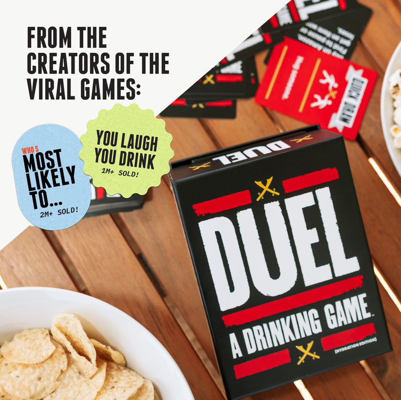 Black "Duel: A Drinking Game" box and cards on a table with snacks. Promotes other viral games like "Most Likely To."