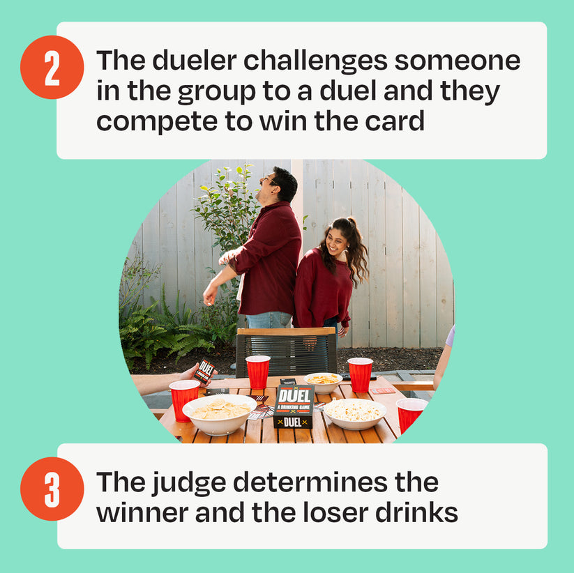 Two people "dueling" outdoors at a table with the Duel drinking game, snacks, and red cups
