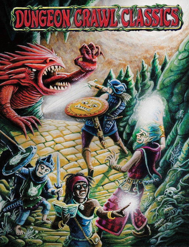 Dungeon Crawl Classics. Fantasy heroes battle a fierce red dragon in a dark dungeon: a sword-wielding warrior, two spellcasters, and a smaller fighter. RPG art