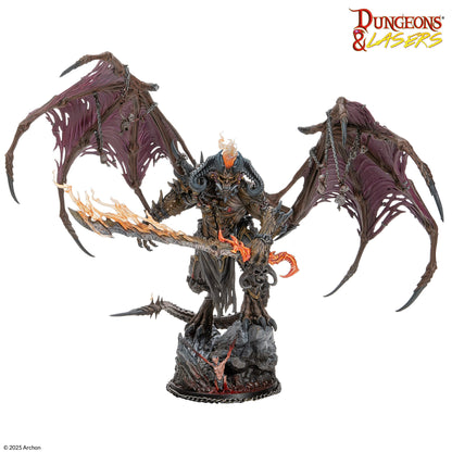 A horned, winged demon figure with fiery sword and head, standing on a rocky base over a tortured figure. Dungeons & Lasers logo
