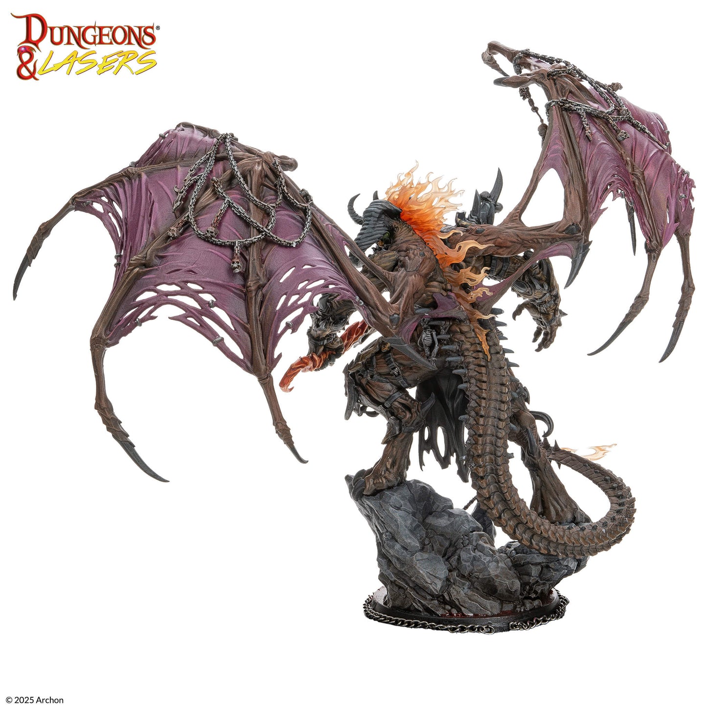 Detailed miniature of a horned, winged demon with tattered purple wings, chains, fiery mane, and a scaly tail, on a rock base