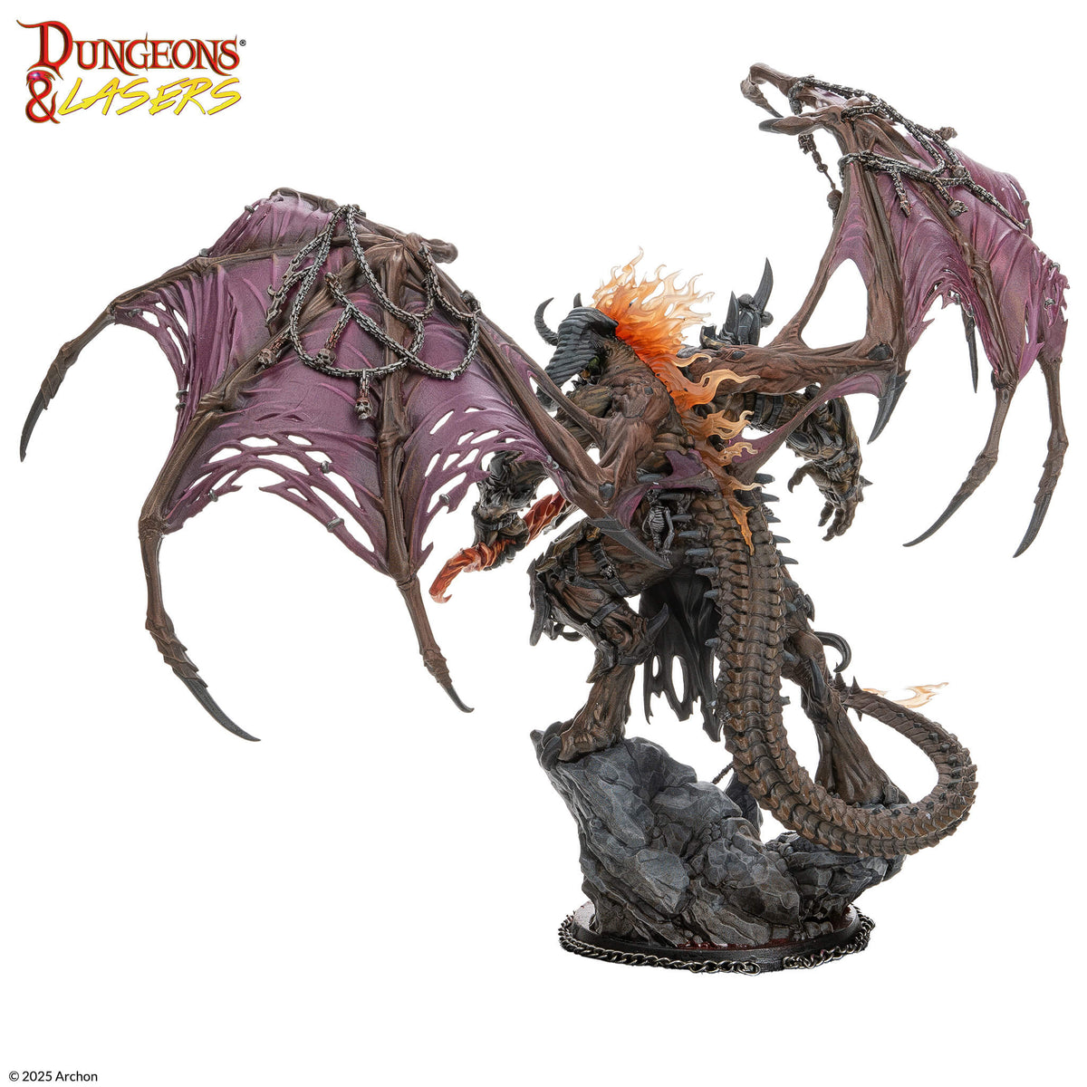Detailed miniature of a horned, winged demon with tattered purple wings, chains, fiery mane, and a scaly tail, on a rock base