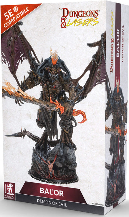 Dungeons & Lasers Bal'or, Demon of Evil box: A horned, winged demon holding a fiery sword, standing over a chained human