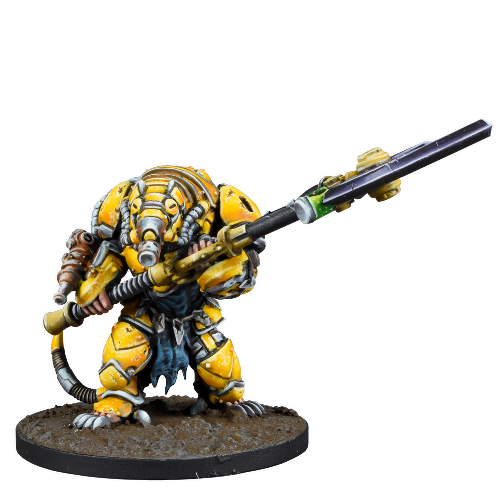 Painted miniature: bulky yellow-armored sci-fi creature with a snouted mask, holding a large rifle