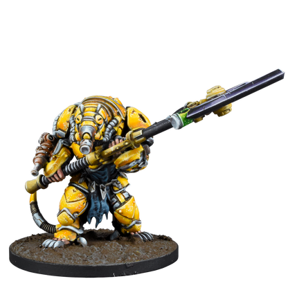 Painted miniature: bulky yellow-armored sci-fi creature with a snouted mask, holding a large rifle