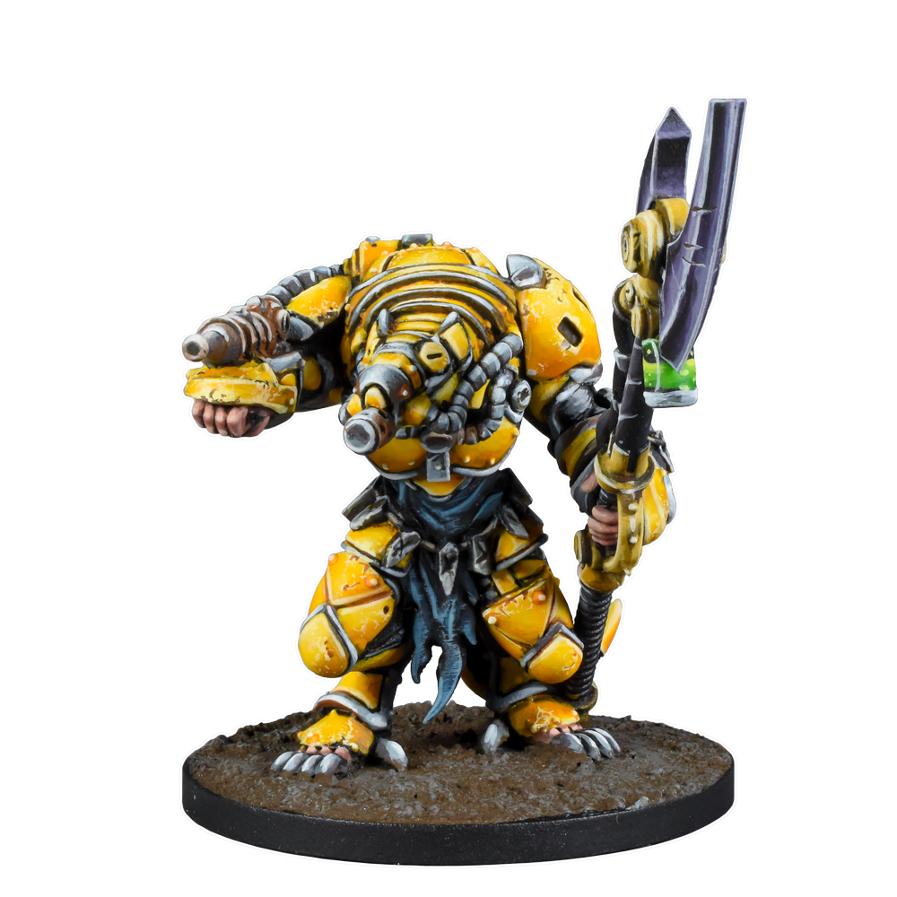 A bulky yellow armored sci-fi miniature holding a large axe with a green glow