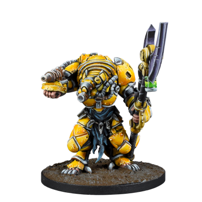 A bulky yellow armored sci-fi miniature holding a large axe with a green glow