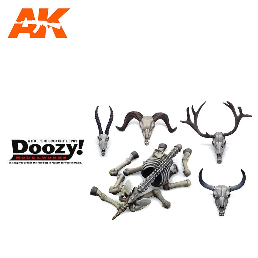 Model animal skulls and skeleton parts for dioramas, displayed with AK and Doozy! Modelworks logos