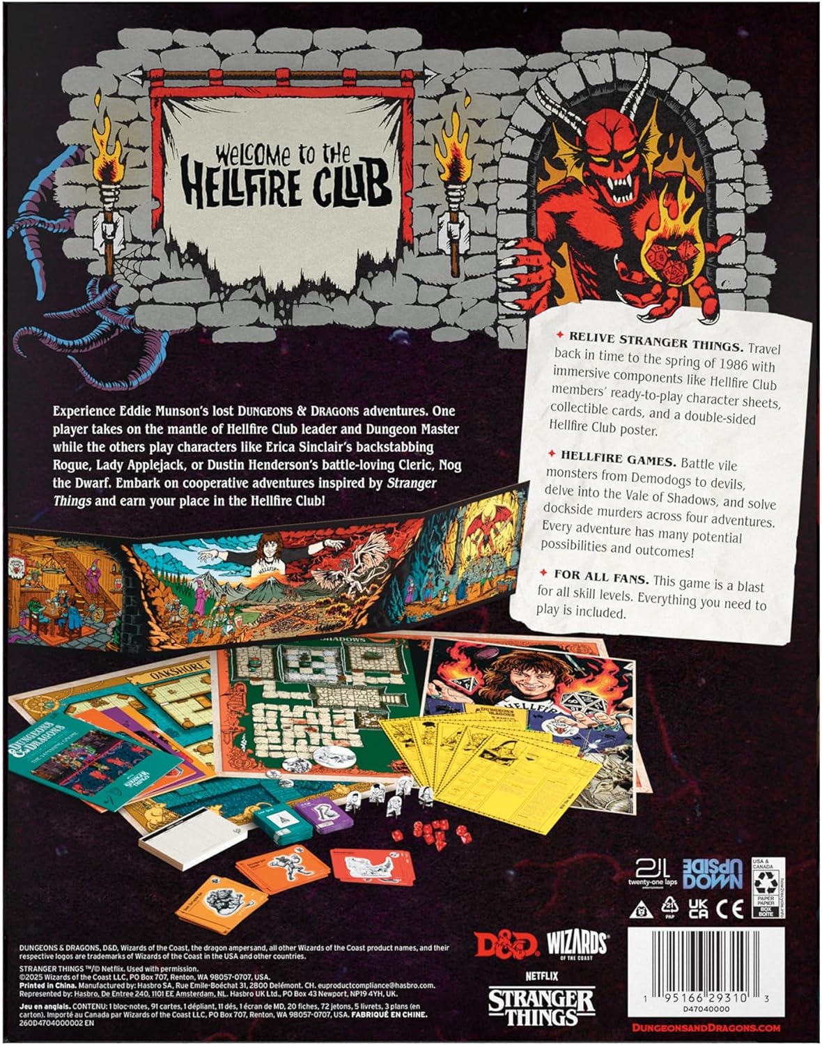 Back of the Stranger Things D&D Hellfire Club board game box. Features a red demon, banner and game components like boards, cards and dice