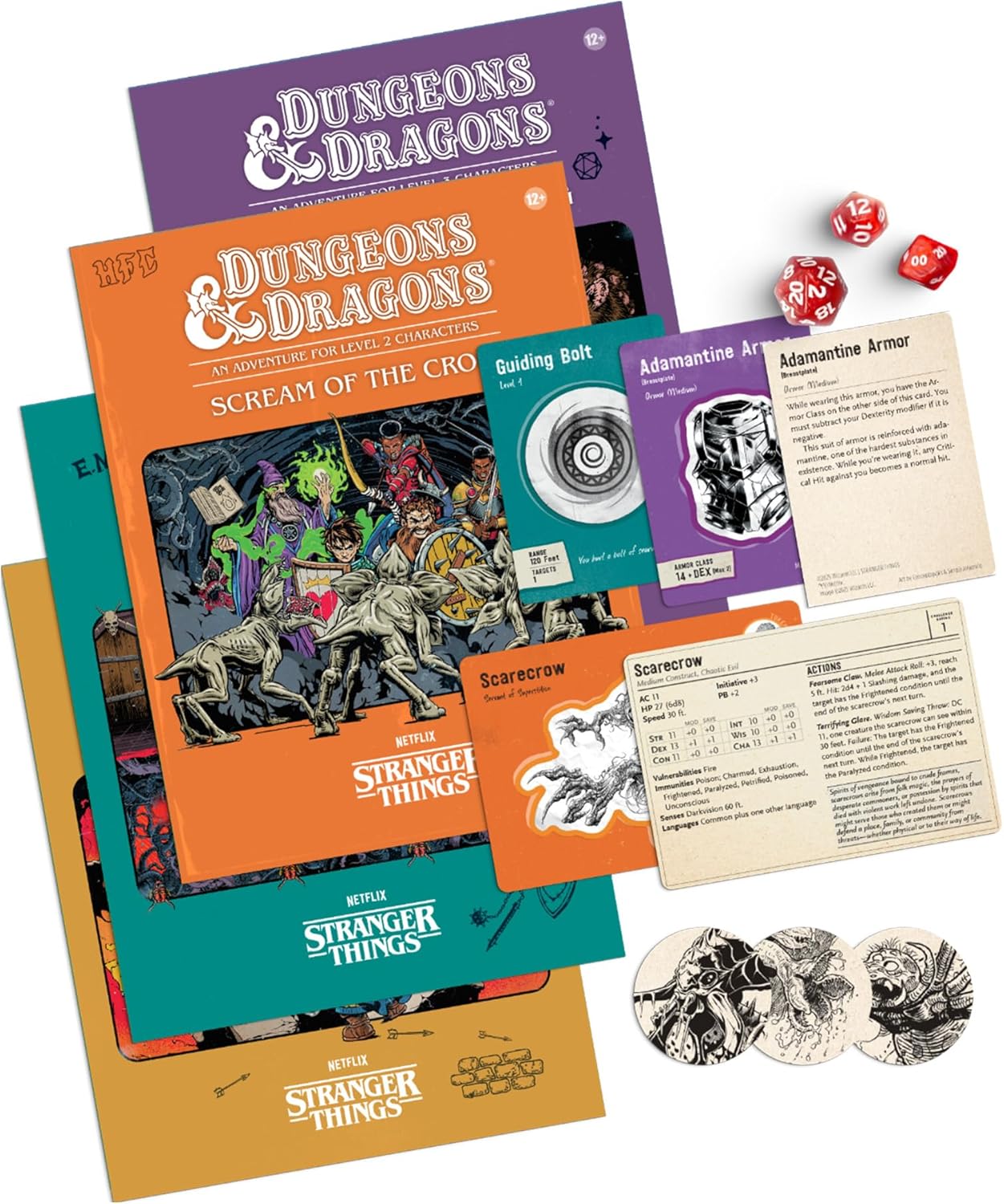 Dungeons & Dragons and Stranger Things game materials: rulebooks, adventure "Scream of the Crow", character cards, dice and tokens