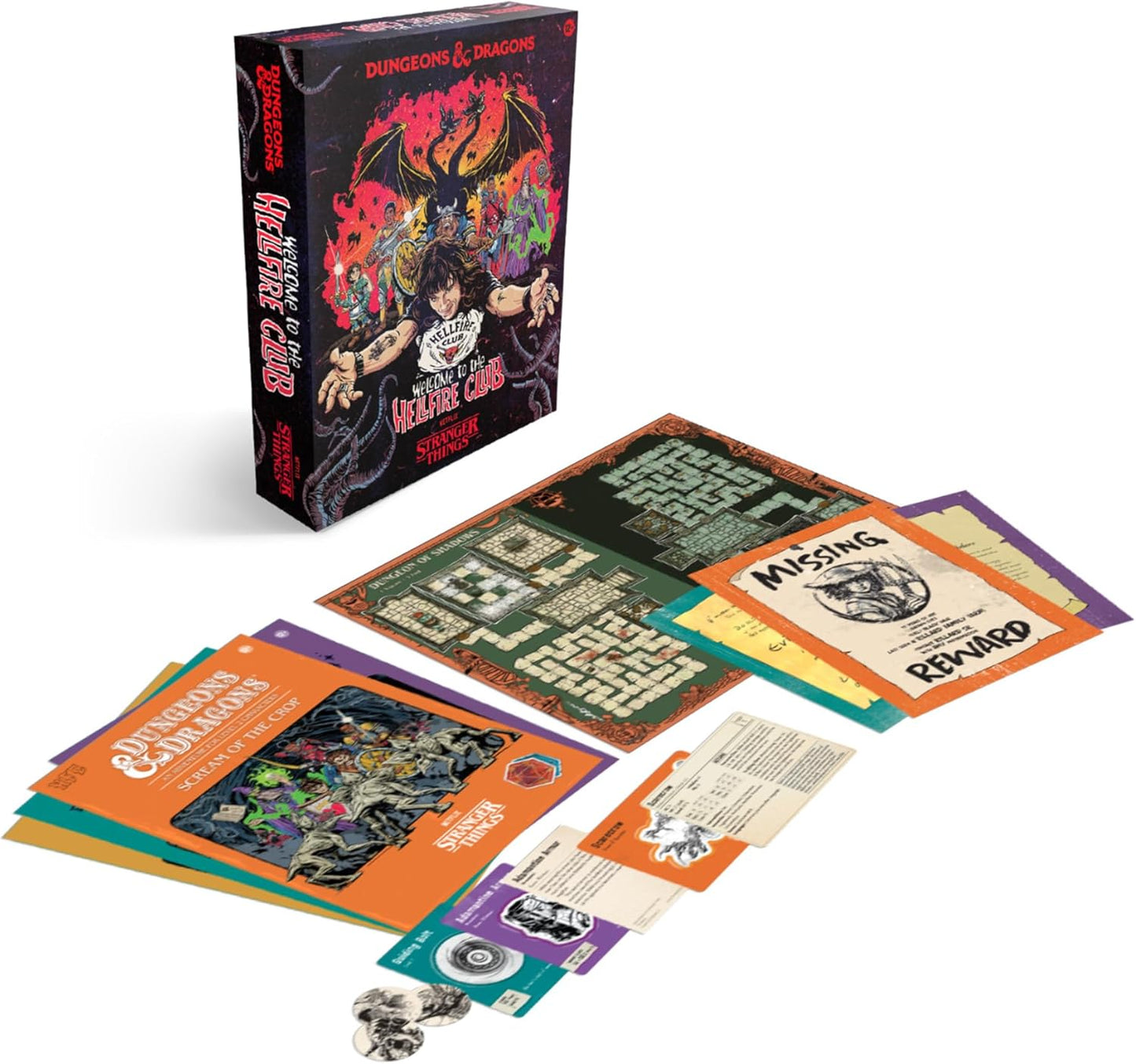 Dungeons & Dragons Stranger Things Hellfire Club game box with maps, rulebook and cards spread out on a white surface