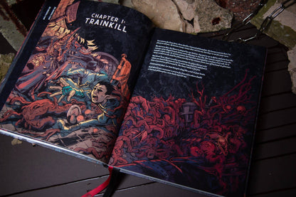 Open TTRPG book displaying "Chapter 1: Trainkill." Dark illustration of characters fighting red tentacles and fleshy monsters