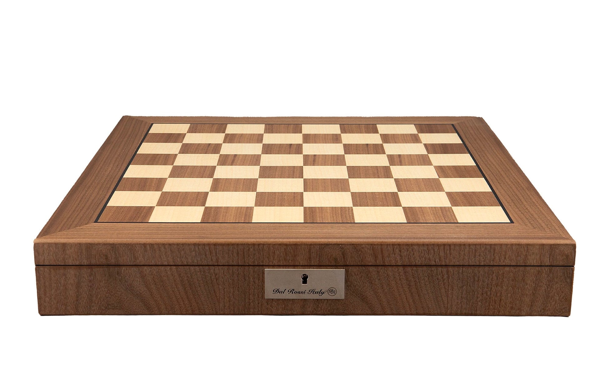 Wooden chessboard box with inlaid light and dark squares, and a "Dal Rossi Italy" plate with keyhole