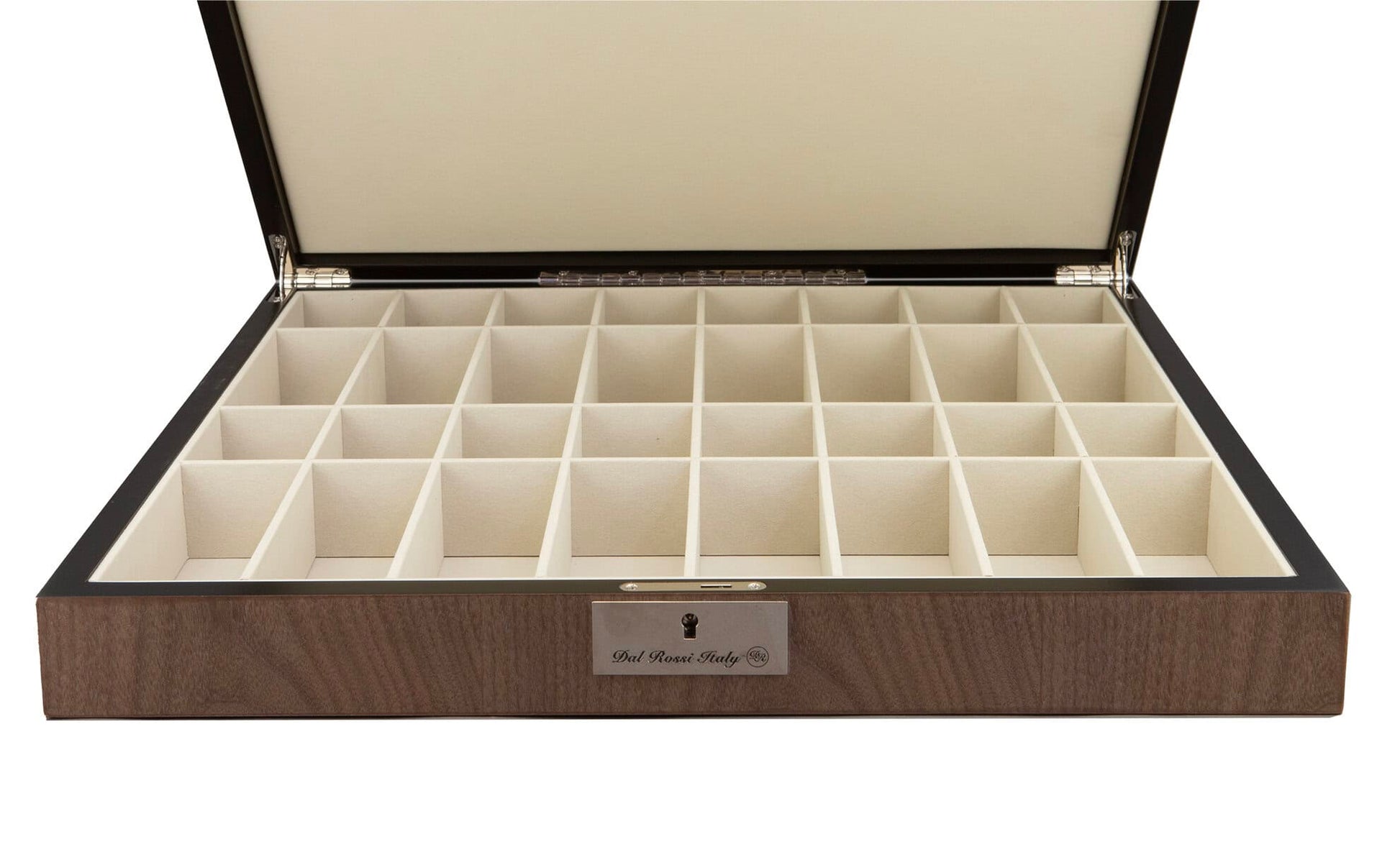 Elegant open wooden box featuring 30 cream-lined compartments, a lock, and 'Dal Rossi Italy' branding