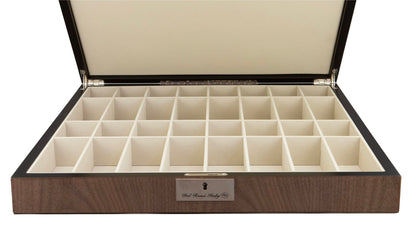 Elegant open wooden box featuring 30 cream-lined compartments, a lock, and 'Dal Rossi Italy' branding
