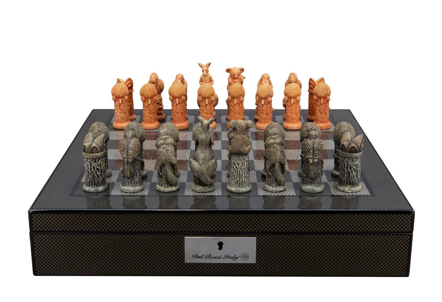 Detailed animal-themed chess set with terracotta and bronze pieces on a dark checkered board, displayed on a storage box