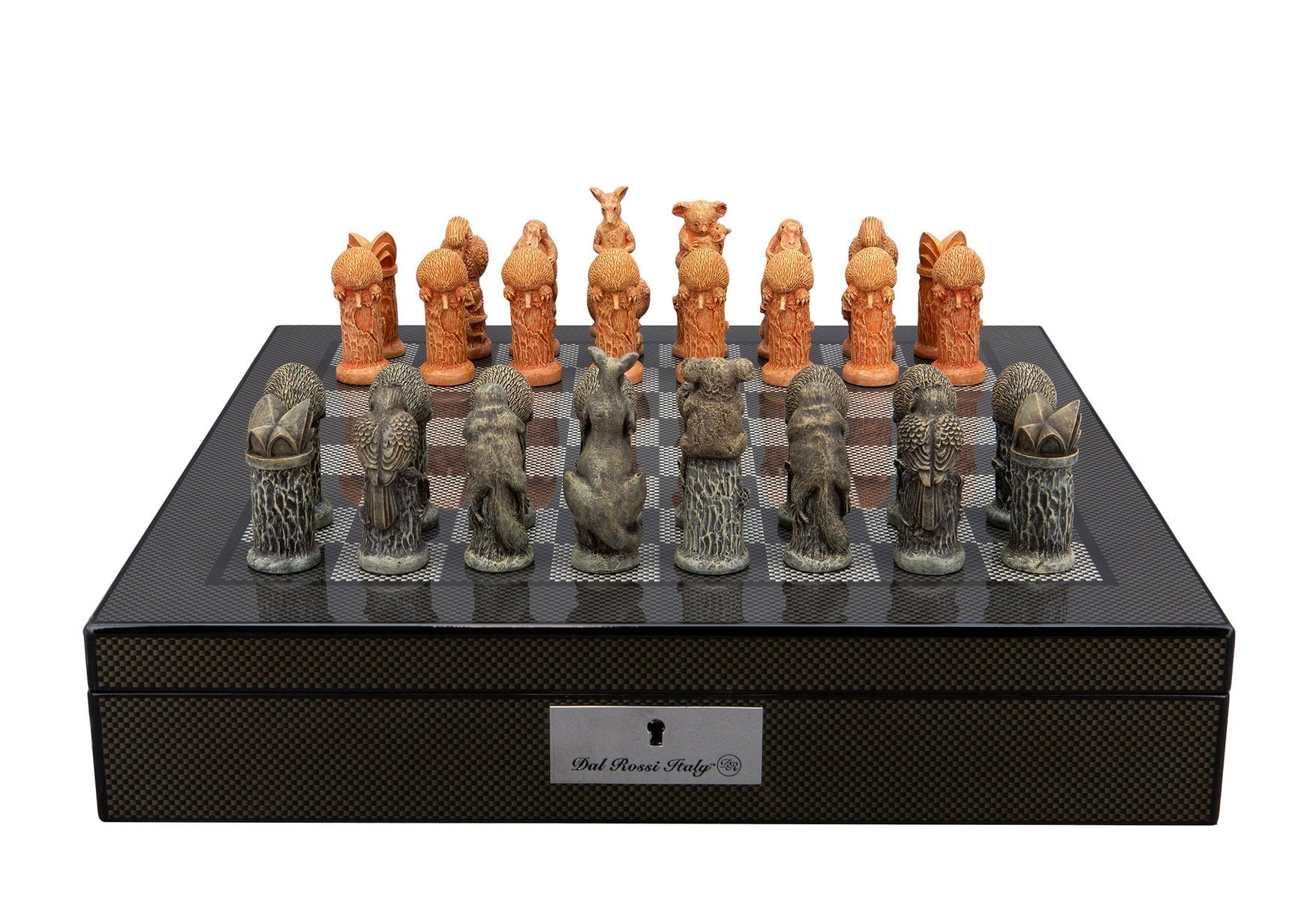 Detailed animal-themed chess set with terracotta and bronze pieces on a dark checkered board, displayed on a storage box