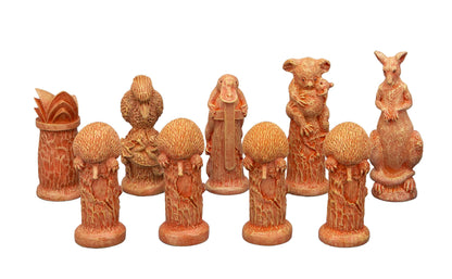 Terracotta Australian animal figurines: kangaroo, koala with joey, platypus, kookaburra, and four echidnas, on white