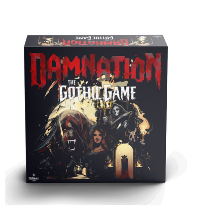 Black board game box, "Damnation: The Gothic Game," with art of a snarling vampire, woman, and grim figures.
