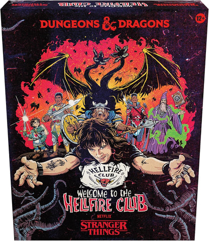 Eddie Munson (Hellfire Club shirt), arms outstretched, surrounded by D&D characters and a fiery Mind Flayer. Stranger Things