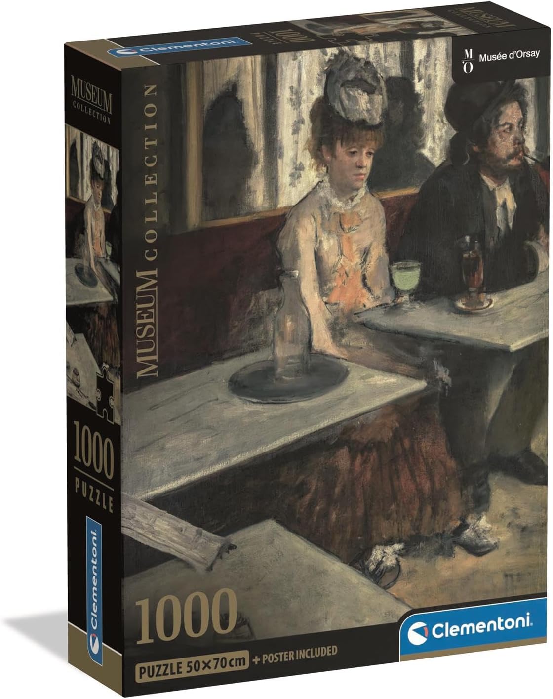 Clementoni Museum Collection 1000-piece jigsaw puzzle box featuring Degas' 'L'Absinthe': a man smoking and a woman with absinthe in a café
