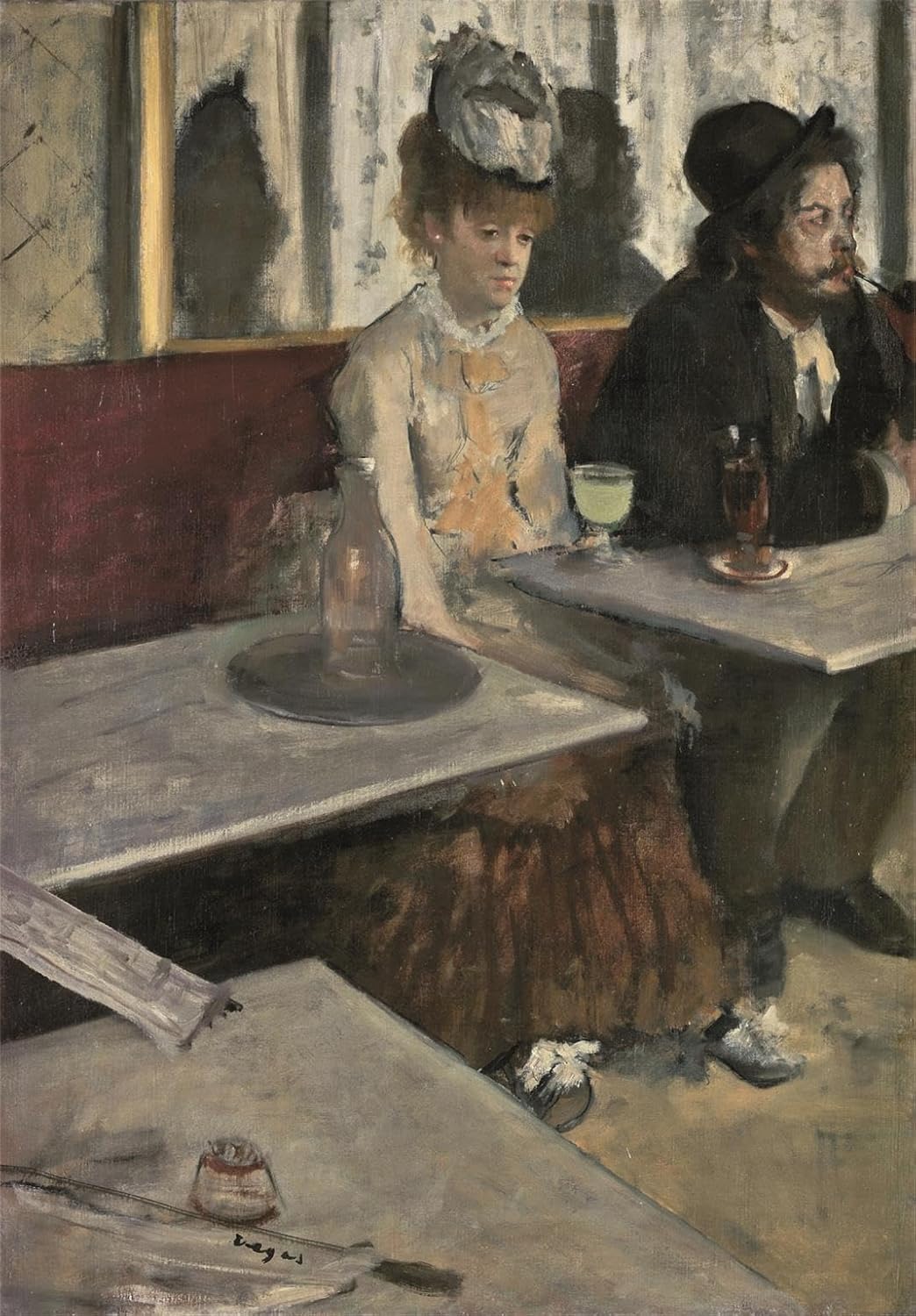 Two patrons, a woman with a hat and a man with a pipe and absinthe, sit disengaged at cafe tables