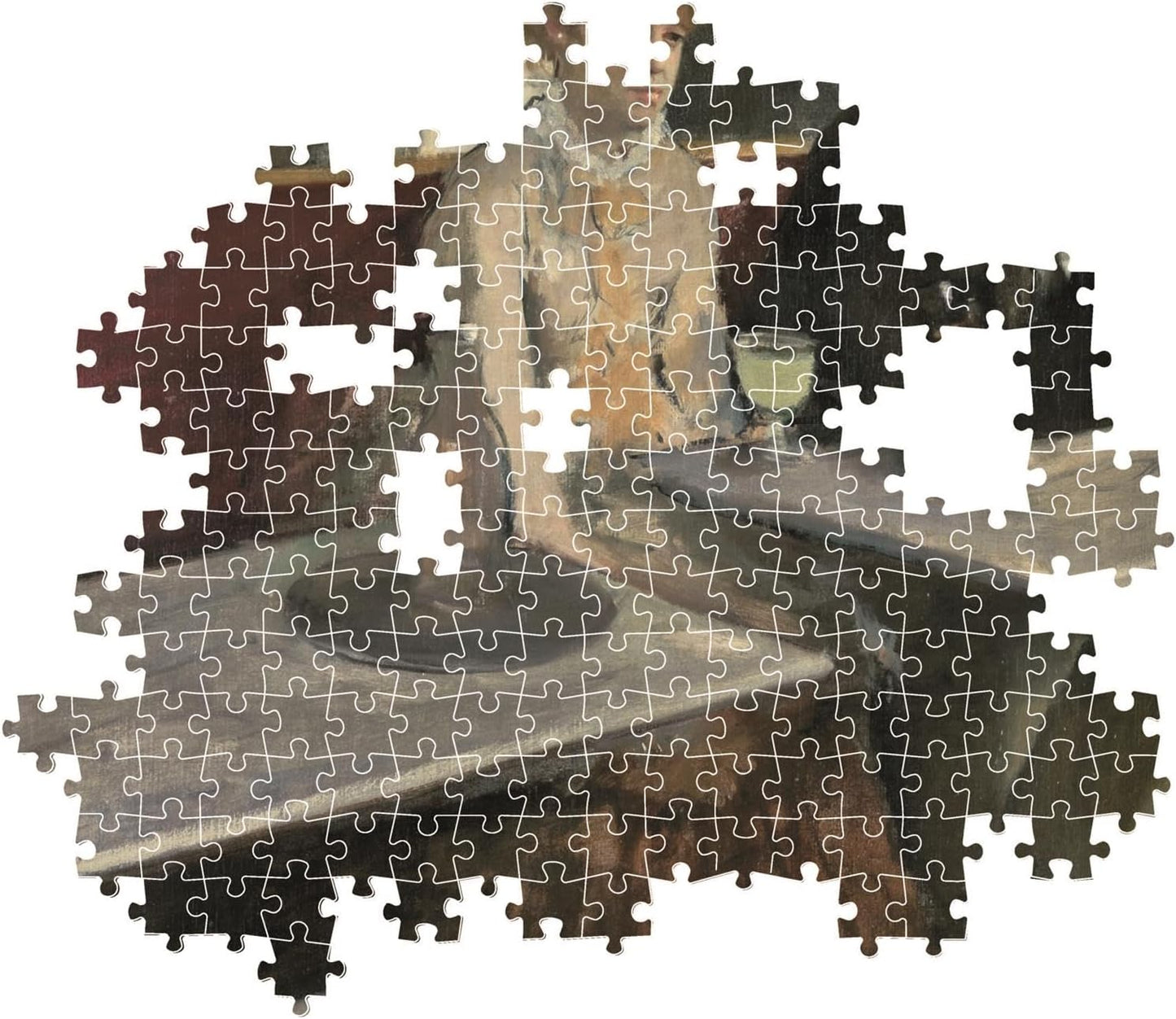 A partially assembled jigsaw puzzle forms a painting of a person, with missing pieces creating white gaps