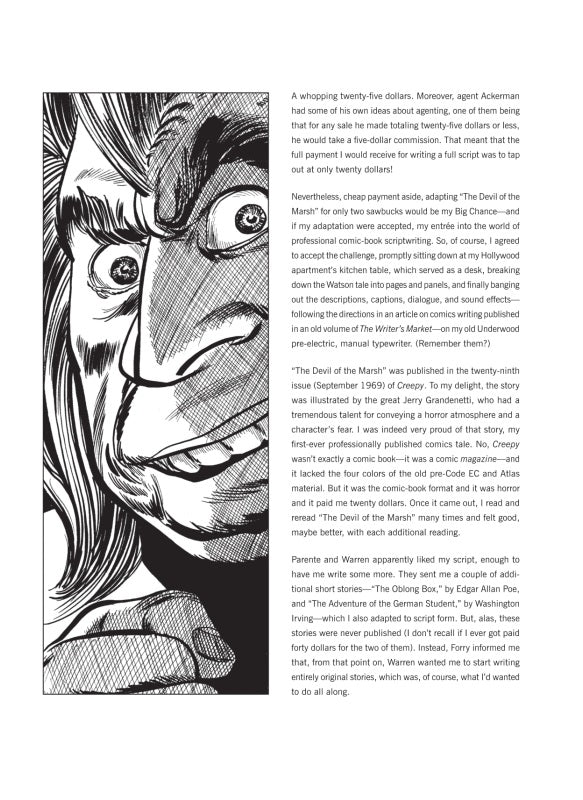 Black and white horror comic art of a man's terrified face, with wide, wild eyes and an open, grimacing mouth