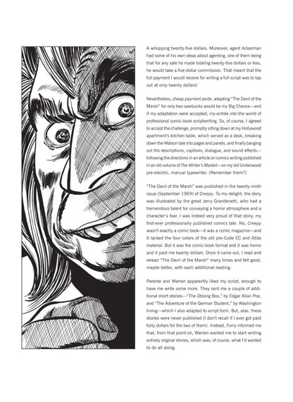 Black and white horror comic art of a man's terrified face, with wide, wild eyes and an open, grimacing mouth