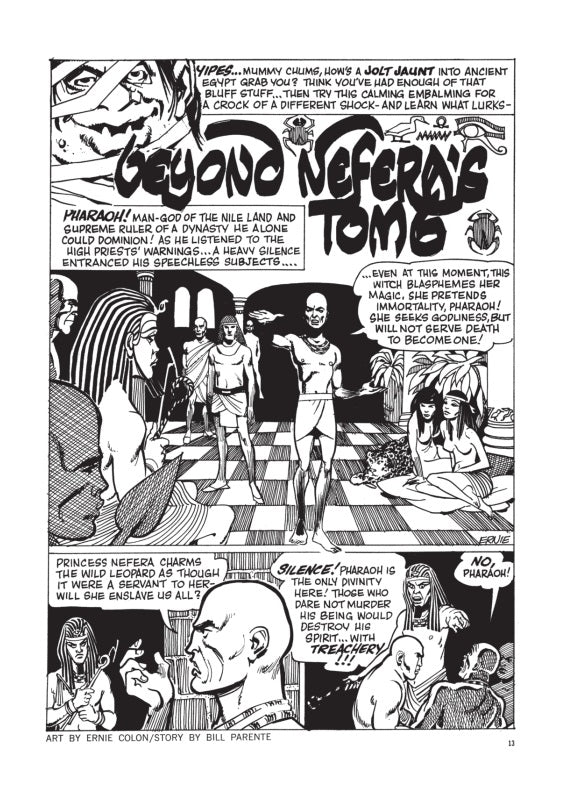 Black and white comic page. A pharaoh with outstretched arms confronts his subjects as Princess Nefera and a leopard observe him