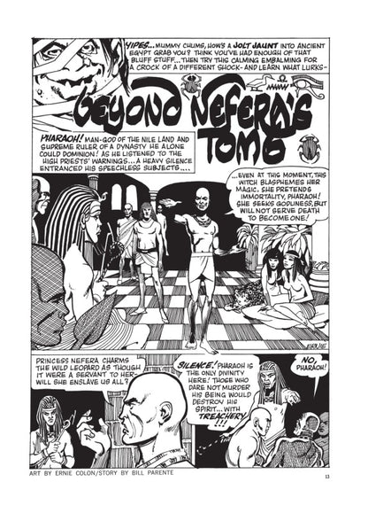 Black and white comic page. A pharaoh with outstretched arms confronts his subjects as Princess Nefera and a leopard observe him
