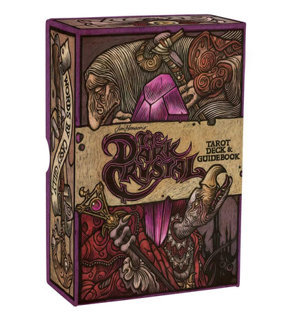 Jim Henson's The Dark Crystal Tarot Deck box with Gelfling and Skeksis gazing at a vibrant purple crystal