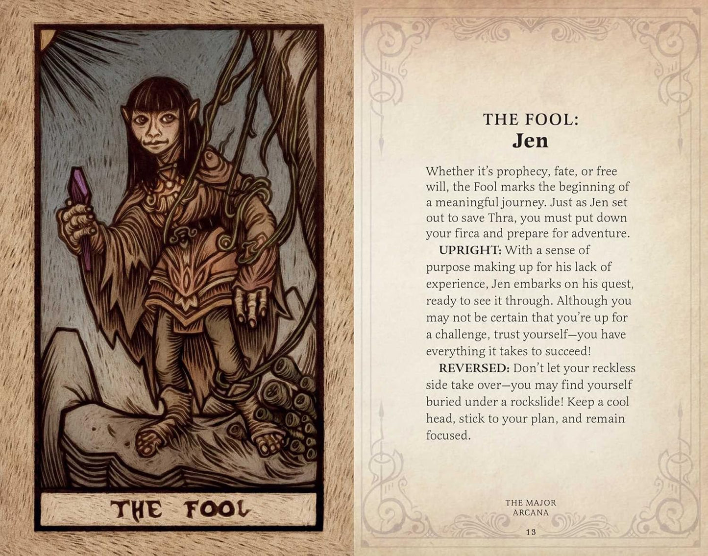 A woodcut-style tarot card, "The Fool: Jen," depicts a Gelfling on a cliff holding a purple crystal