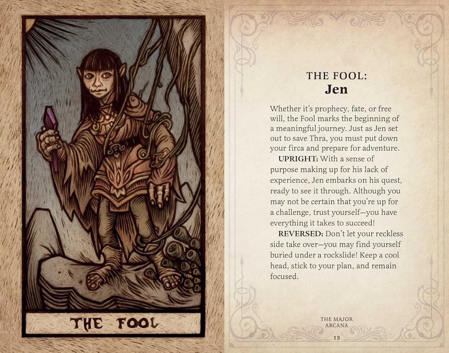 A woodcut-style tarot card, "The Fool: Jen," depicts a Gelfling on a cliff holding a purple crystal