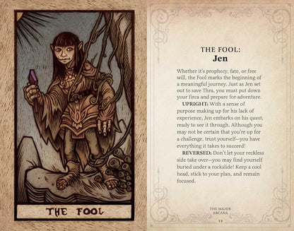 A woodcut-style tarot card, "The Fool: Jen," depicts a Gelfling on a cliff holding a purple crystal
